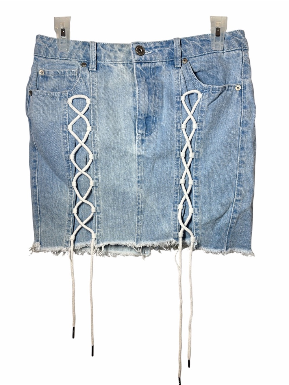 Pistola Light Blue Denim Mini Skirt with Lace-Up Detail